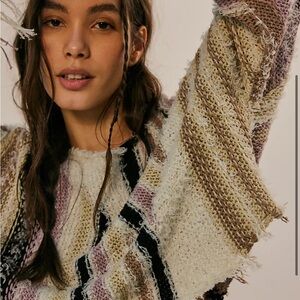 Free People Baja Pullover Distressed Knit Crop Sweater Size Large Sold Out